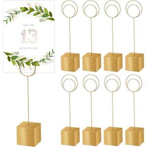 Marspark 20 Pcs Gold Wood Table Number Holders Cube Base Place Card Holders Name Menu Clips Note Card Picture Photo Clip Stand Table Sign for Wedding Reception Anniversary Party Display