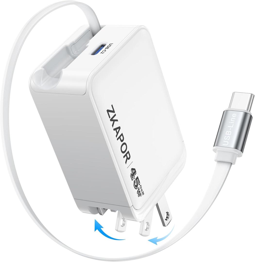 45W USB C Charger Block, GaN Retractable Wall Charger with USB C Cable PD QC Fast Charging Travel Charge with Foldable Plug for iPhone 16 15 Pro Max/Plus, Pad, MacBook Air, Galaxy S25 S24 and More