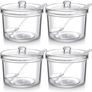 Patelai 4 Pieces Sugar Bowl Acrylic Clear Sugar Bowl with Lid and Salt Spoon Storage Jar with Airtight Lid for Salt, Tea, Spices, Herbs, Condiments(7.1 oz)
