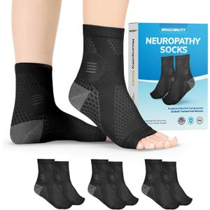 BraceAbility Neuropathy Socks (3 Pairs) - Multipack Peripheral Compression Diabetic Toeless Foot Sleeves for Nerve Damage in Feet, Ankle Gout, Plantar Fasciitis Relief for Men and Women (XL - Black)