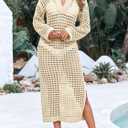 Saodimallsu Womens Crochet Swimsuit Cover Up V Neck Collared Long Sleeve Mesh Knit Long Beach Coverup Maxi Dress (S)