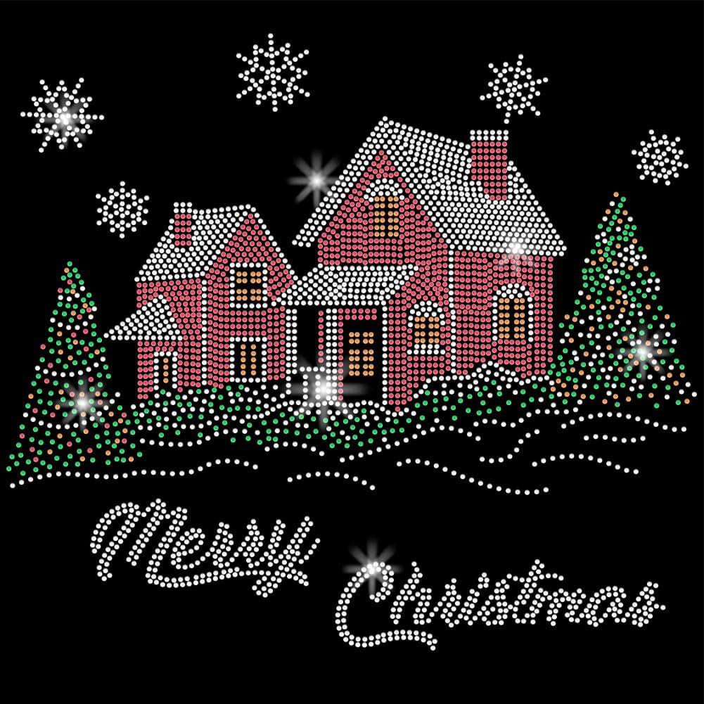 SUPERDANT Christmas Cottage Iron on Rhinestones Transfer Tree Snowflakes Iron-on Decals T-Shirt Crystal Heat Transfer Hot Fix Stickers Clothing Repair Crystal Patch for Clothing Bags DIY Craft