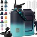 Insulated Water Bottle | Thickened Stainless Steel Vacuum Metal | Portable Sports Half Gallon Large Water Jug for Gym and Hiking with Straw, Carrier Bag, Handle Strap | BPA-Free 64 oz (Black-Cyan)