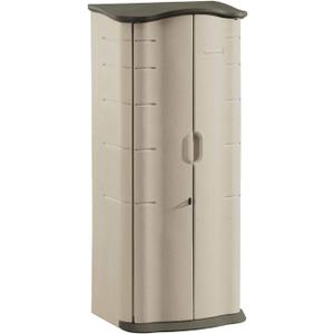 Rubbermaid Compact Vertical Resin Storage Shed With Floor (2 x 2.5 Ft), Weather Resistant, Beige/Brown, Organization for Home/Backyard/Garden Tools/Porch/Patio Cushions/Pool Chemicals/Toys