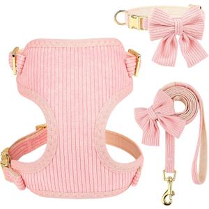 Didog Cute Small Dog Collar Harness & Leash Set, Adjustable Dog Collars and Leashes with Bowtie, Breathable Soft Mesh Padded Dog Vest for Puppies Small Dogs Walking, Pink, S