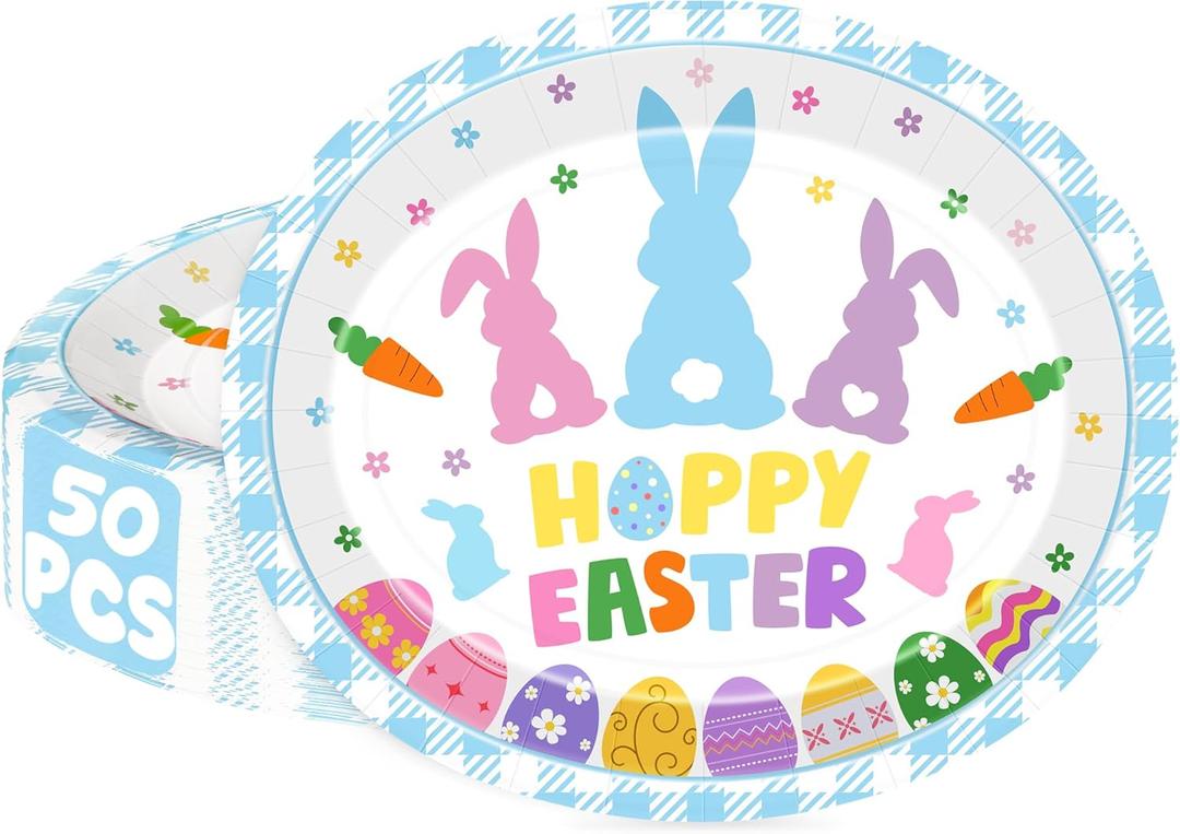QZYL 50 Pcs Oval Easter Paper Plates, 12.2 X10.2 Inch Large Disposable Party Plates with Bunny Egg and Blue Plaid Pattern, Spring Tableware for Easter Decorations Holiday Gathering Party Supplies