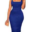 BEAGIMEG Women's Sexy Tank Top Bodycon Ruched Sleeveless Basic Midi Party Dress Royal Blue, L