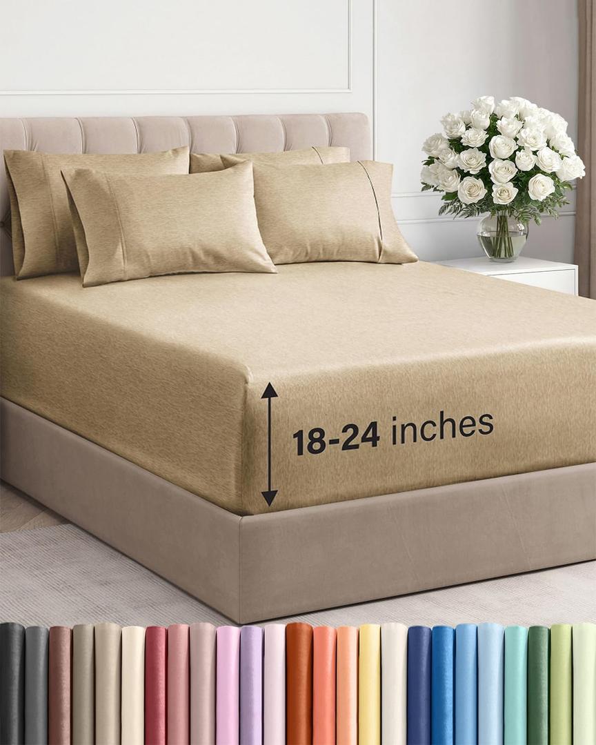 Extra Deep Cal King Sheet Set - 6 Piece Breathable and Cooling Sheets - Hotel Luxury Bedding for Women, Men, Kids & Teens - Easy Secure Fit - Soft & Wrinkle Free - Extra Deep Pockets - Heathered Tan