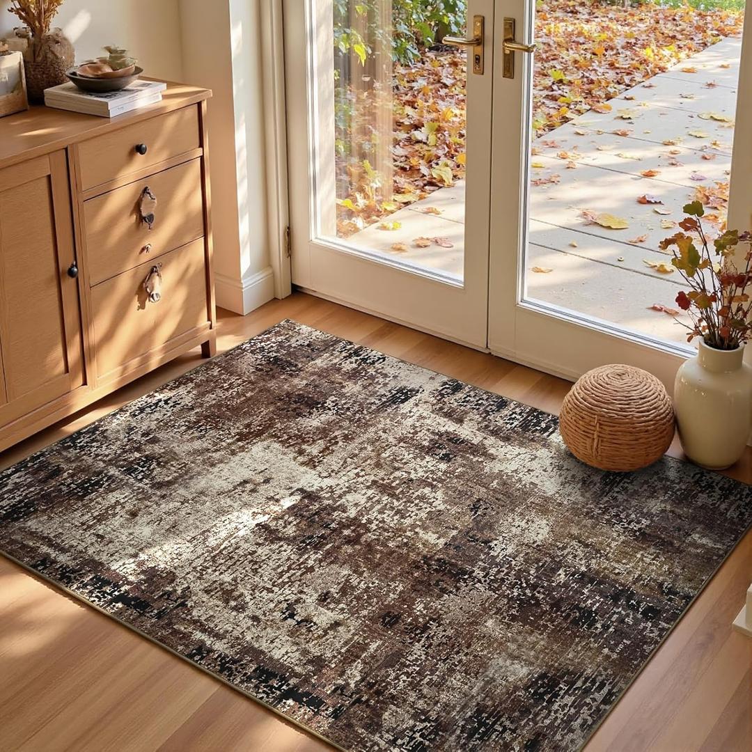 Entryway Rug 3x5 Brown Bedroom Area Rug Washable Non Slip Abstract Coffee Boho Rugs for Indoor Entry, Kitchen, Classroom, Bathroom, Kids Girls Room, Office, College Dorm Small Carpet