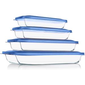 KOMUEE 8 Pieces Glass Baking Dish with Lids Rectangular Glass Baking Pan he set includes 4 glass baking pans of different sizes: 1qt (10 x 5.9 x 1.8-inch), 1.7qt (11.6 x 6.7 x 2.1-inch), 2.3qt (13.6 x 8.1 x 2.1-inch), and 3.2qt (15.5 x 9.3 x 2.1-inch)