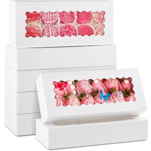 30 Pack Auto Pop-up Cookie Boxes with Window, 12.5" x 5.5" x 2.5" White Bakery Boxes Treat Boxes for Chocolate Covered Strawberries, Cake Pops, Donuts, Cocoa Bombs, Sugar Cookies, Pastries