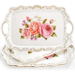 Nicunom 3 Pack Melamine Serving Tray with Handles, Floral Serving Trays Stackable Food Tray for Eating Unbreakable Large Serving Platter for Party, Decor, Home, Restaurant, Gift,16" L x 11" W