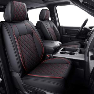 Aierxuan Dodge Ram Car Seat Covers Full Set Waterproof Leather Custom Fit 2009-2025 1500, 2010-2025 2500/3500 Crew Quad Regular Cab Truck Pickup with Split Bench 60/40(Full Set/Black-Red)