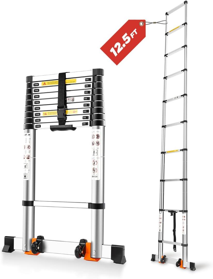 Saker Aluminum Telescoping Extension Ladder, 12.5FT Collapsible Retraction, Lightweight, 330LBS Load Capacity, Portable Multi-Purpose Ladder for Home and Work