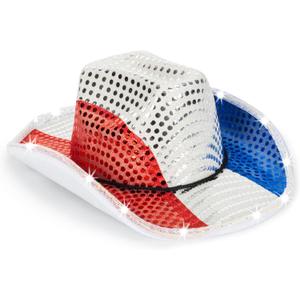 Sparkly US-Flag Western Cowboy Hat - 4th of July Red White Blue Sequin Cowgirl Hat for Independence Day Party (Medium)