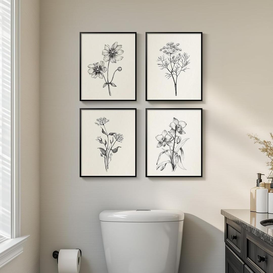 Framed Black and White Bathroom Wall Art, 4 Piece Vintage Floral Canvas Prints Artwork for Farmhouse, Rustic Minimalist Flower Botanical Pictures for Bedroom Living Room Wall Decor, 8x10x4 (Pack)