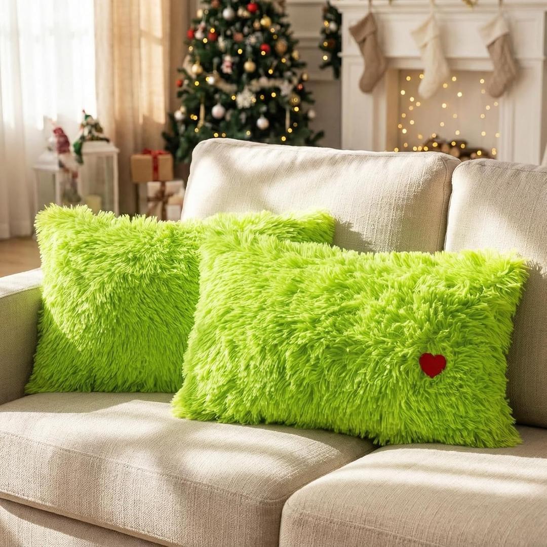 VitalCozy 2 Pcs Christmas Lime Green Throw Pillow Cover 12x20 Inch Decorative Xmas Faux Fur Pillowcases with Zipper Closure Plush Soft Lime Green Fuzzy Decor for Christmas Couch Sofa(Heart Pattern)