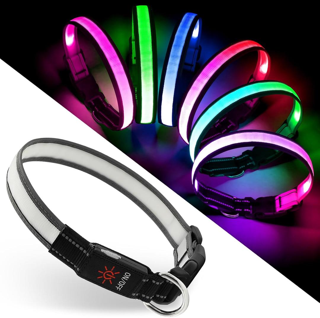 Light Up Dog Collar, Multicolor LED Dog Collar with 7 Lighting Modes - USB-C Rechargeable, Real-Time Battery Indicator, Waterproof & Adjustable Glow Collar for Safe Night Walks (M)
