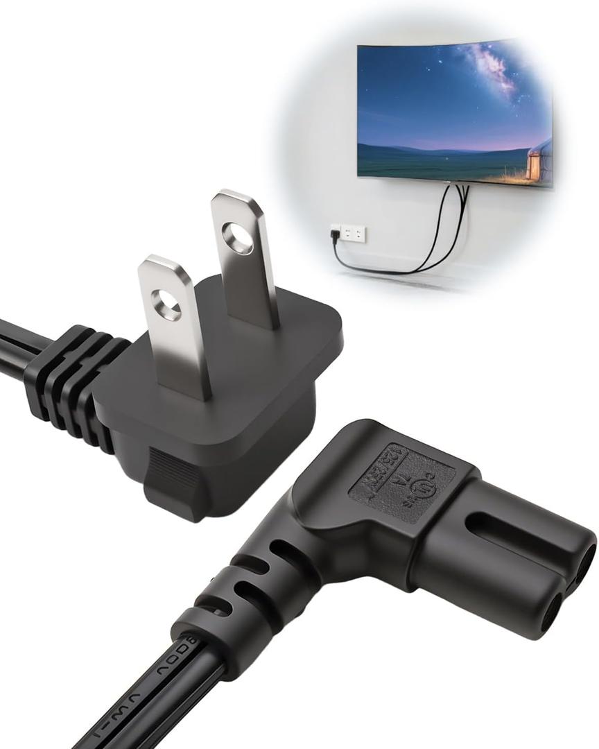 6 Feet TV Power Cord Compatible with Samsung TV, 90 Degree Angle 18AWG 2 Prong to L Shape C7 Power Cord Charger Cable for LG/TCL Samsung 24" 32" 40" 43" 48" 49" 50" 55" 60" 65" 75" UN40 UN43 UN48