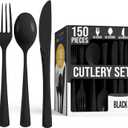 Party Solids Black Plastic Silverware Heavy Duty 150 Pieces Black Disposable Silverware Heavy Duty, Utensil Sets, 50 Of Each Forks, Knives & Spoons Disposable Cutlery Set For Party Supplies