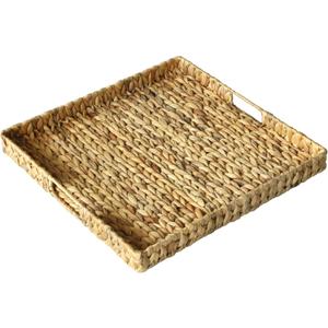 Extra Large Square Ottoman Table Tray 19.7" with Handles - Handmade Wicker Serving Hand Woven Tray for Farmhouse Decorative Oversized Coffee Table Trays Living Room Kitchen Counter Breakfast (20" x 20" x 2", Square-water Hyacinth-flat)