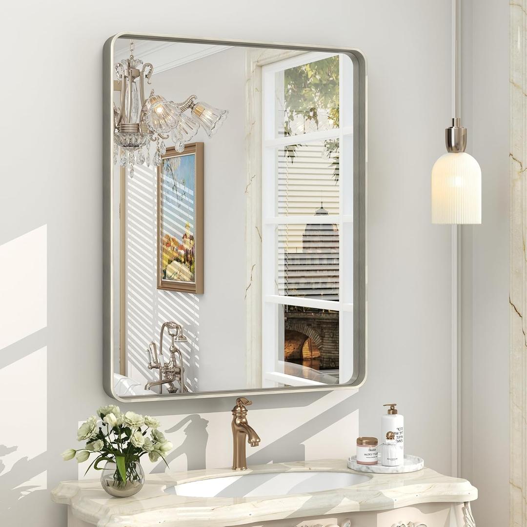 16x24 Inch Black Metal Framed Bathrrom Mirror for Wall, Matte Black Rectabgle Mirror, Rounded Corner, Anti-Rust, Hangs Horizontally or Vertically (24"L x 16"W)