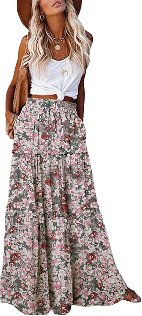 EARKOHA Womens Boho Maxi Skirt 2026 Summer Cruise Casual High Waist Tie Flowy Long Skirt with Pockets For Beach Vacation (XX-Large, White Floral)