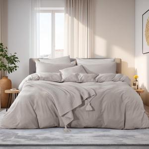 NEXHOME PRO Duvet Cover King Size, 100% Washed Cotton Orgnic Linen Like Textured Breathable Durable Comfy, Cream Grey (King (104"x90"), Cream Grey(no Comforter))