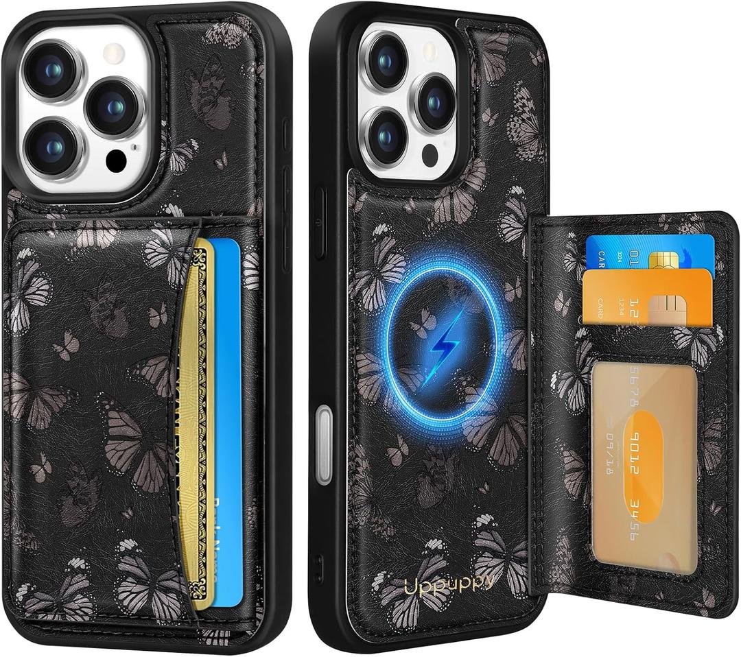 Uppuppy for iPhone 16 Pro Case with Wallet - Fits 4 Card Slots, Compatible with MagSafe for Women Aesthetic Durable Leather Credit Card Holder Kickstand Phone Cover for Apple 16 Pro, Black Butterfly