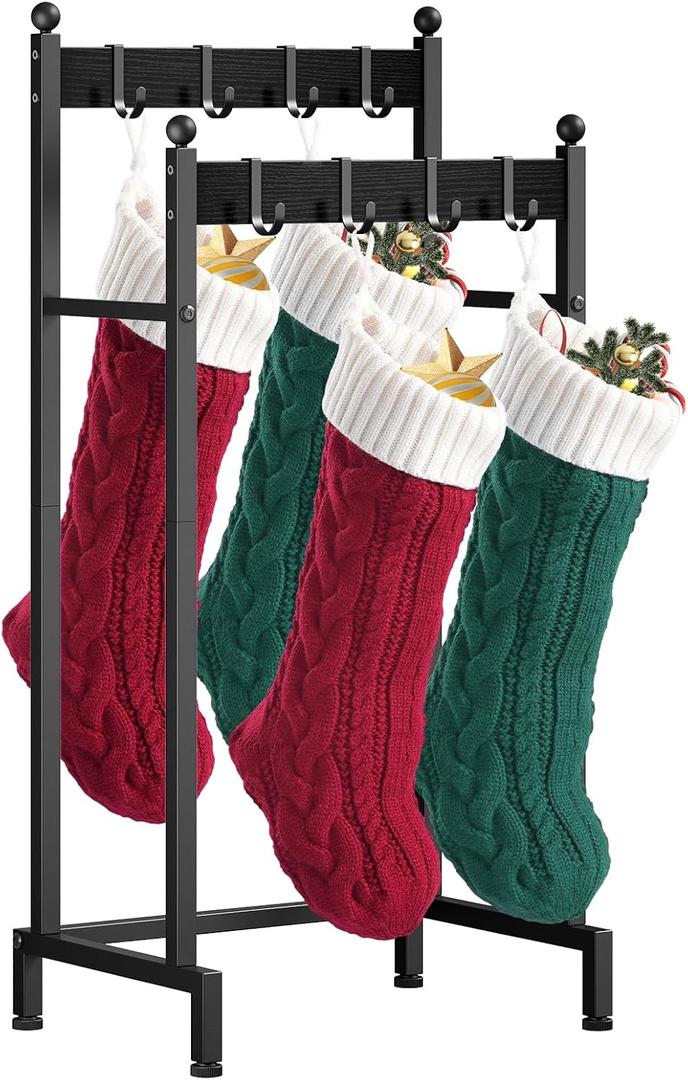 ELYKEN Christmas Stocking Holder Stand for Floor, 2 Tier Free Standing Stocking Rack with 8 Removable Hooks, Heavy Duty Metal Xmas Stocking Hanger Stand with Adjustable Feet, Black