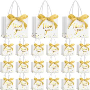 Jetec 45 Pcs Small Thank You Gift Bag Bulk 5.5x4.7x2.5'' Mini Paper Favor Bag with Handle Ribbon for Graduation Mother's Day Baby Shower Wedding Anniversary Birthday Party(White/gold)