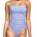 Yonique Women Strapless One Piece Swimsuit Tummy Control Bandeau Bathing Suit Cheeky Swimwear Blue Striped M