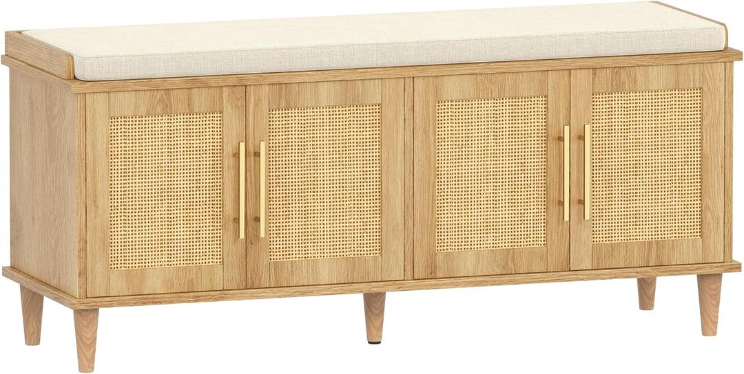 Akxomel Rattan Shoe Storage Bench with Cushion, 2-Tier Entryway Bench with Adjustable Shelves and 4 Doors, 15" D x 47.2" W x 20" H, Solid Wood Legs, for Hallway, Living Room, Bedroom, Natural Oak