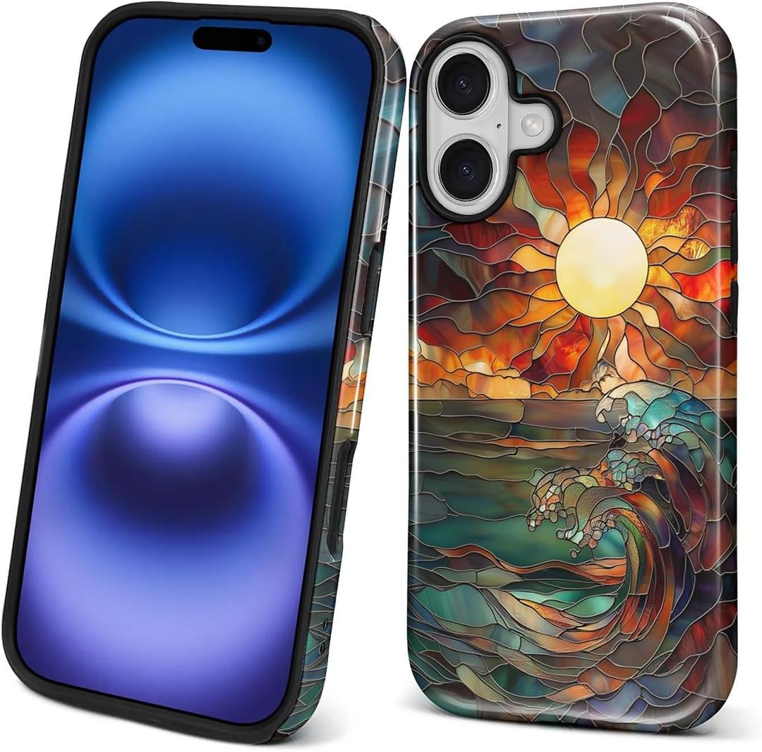 Case for iPhone 17, 2 in 1 PC Hard Shell Silicone Inner Bumper Anti-Scratch Full-Body Cover Shockproof Slim Design Stained Glass Sun Waves