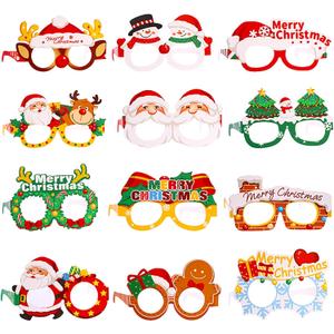 Christmas Glasses, Christmas Party Favors & Decorations - 12Pack Funny Cartoon Paper Glasses for Parties, Santa Reindeer Snowflake Designs, Photo Booth Props Festive Supplies