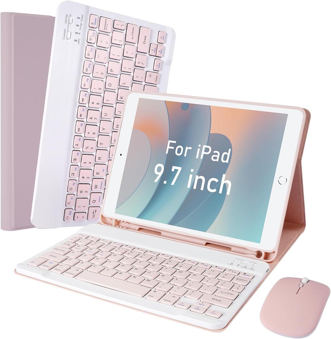 LAMA for iPad 9.7 inch Case with Keyboard and Mouse for iPad 9.7 inch 2018 (6th Gen)/ 2017 (5th Gen)/2016 iPad Pro/Air 2/1, Thin - Detachable - Wireless Keyboard Cover with Pencil Holder, Pink
