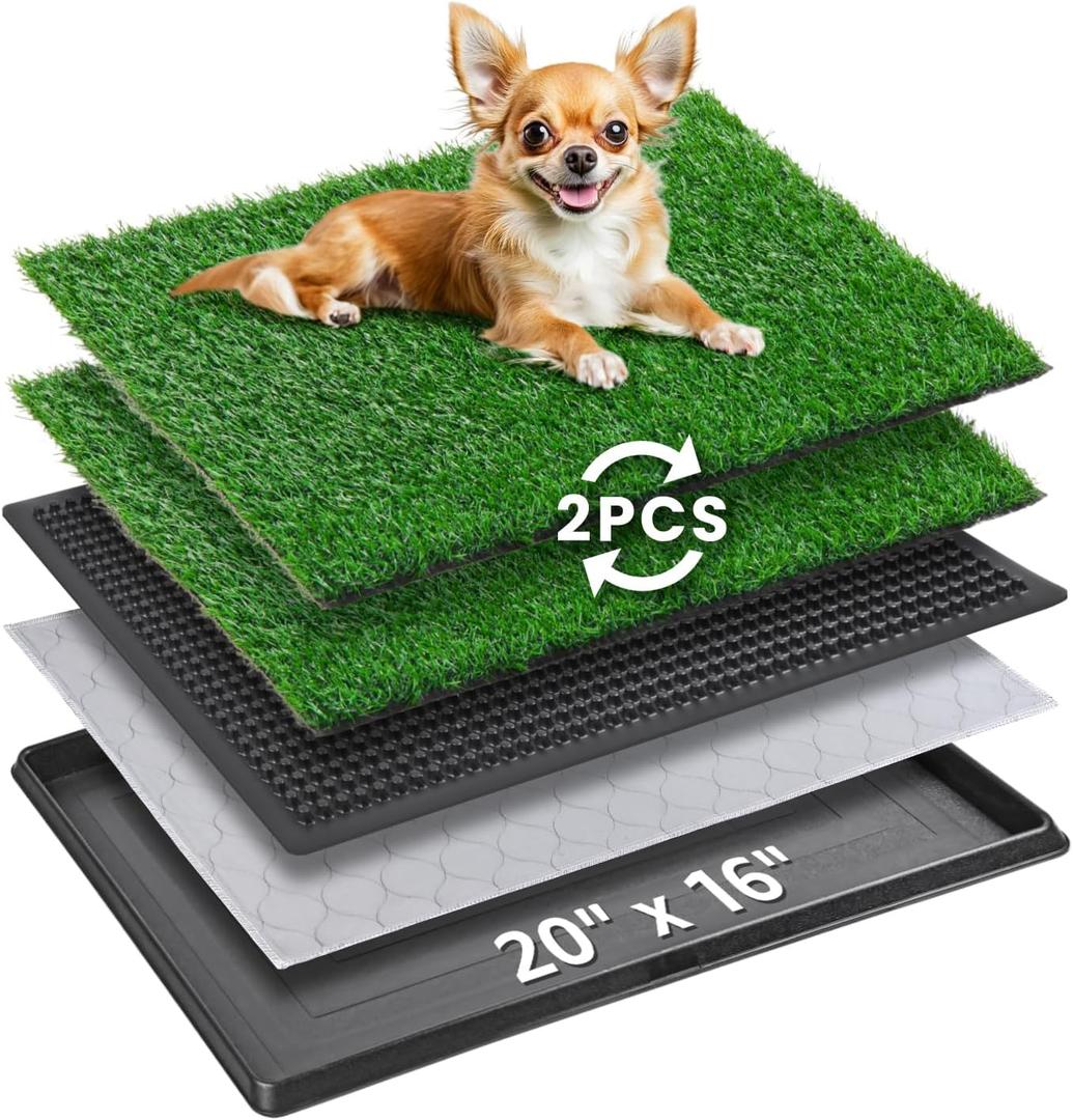 Portable Dog Litter Boxes with 2 Pack Replacement Artificial Grass,Indoor Outdoor Potty Training Turf,Washable Reusable Pee Pad for Dogs, Balcony Fake Grass Pad with Tray(Dog Litter Box, 20''x16'') (20''x16'')