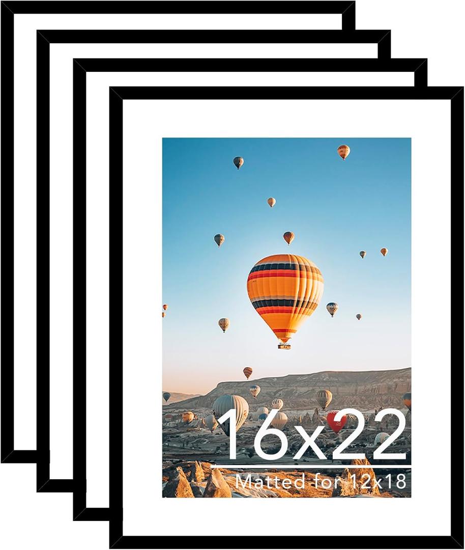 JCJMY 16x22 Picture Frame Set of 4 with 12x18 Mat, Display Photo 12x18 with Mat or 16 x 22 Without Mat, Wall Hanging Large 16 by 22 Poster Frame with Plexiglass, 4 Pack, Black