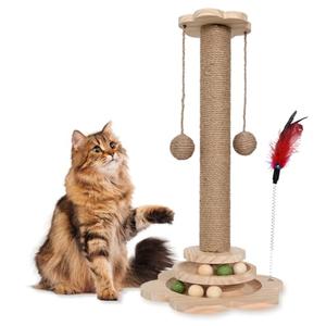 HivaolJoy Cat Scratching Post - 4 in 1 Scratching Post, Wooden Cat Scratch Post with 2 Level Sisal Balls & 2 Sisal Hanging Balls for Indoor Kittens, Gifts