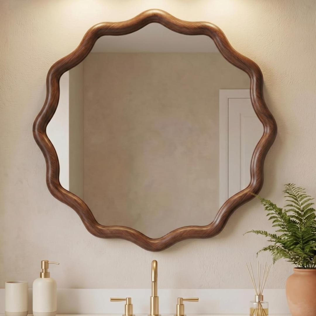 Vercraft 24" Scalloped Wood Wall Mirror, Boho Wall Decor, Walnut