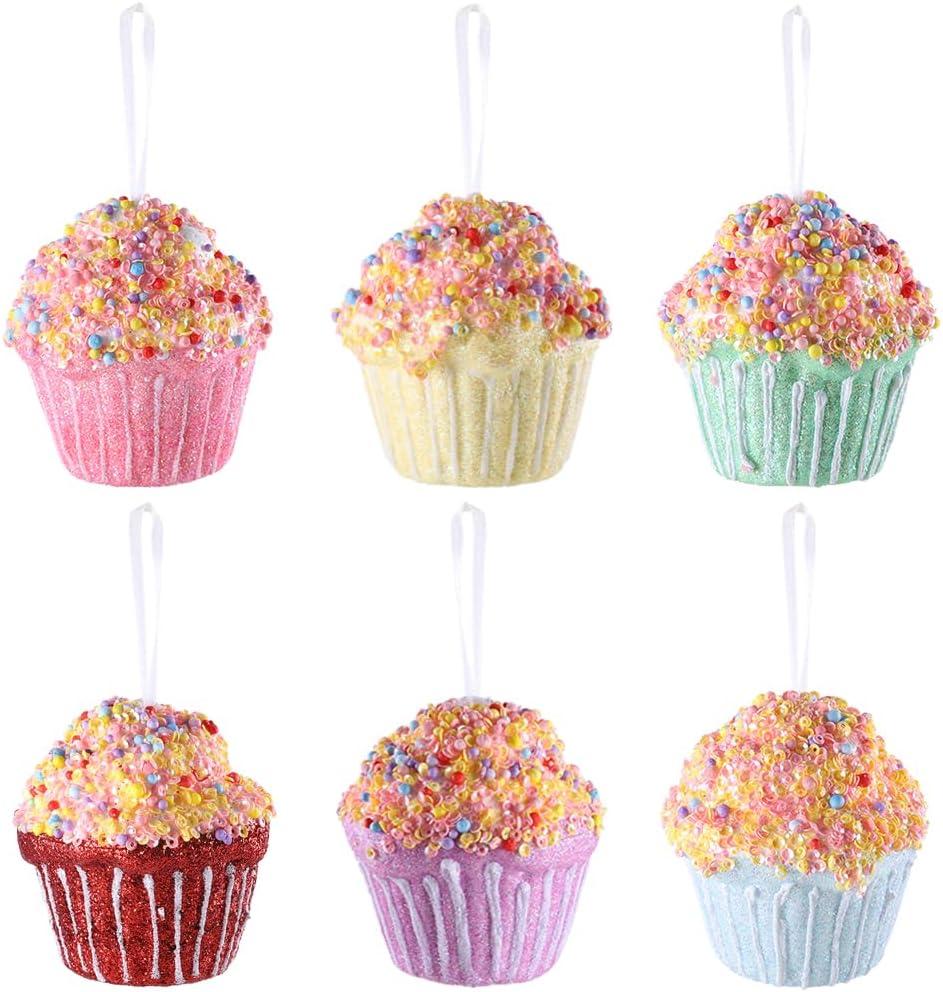 6Pcs Cupcake Party Decorations Ornaments, Hanging Christmas Tree Candy Gift, Macaron Color Dessert Cupcake Pendant Set for Xmas New Year Easter Birthday Home Party Supplies (Cupcake)