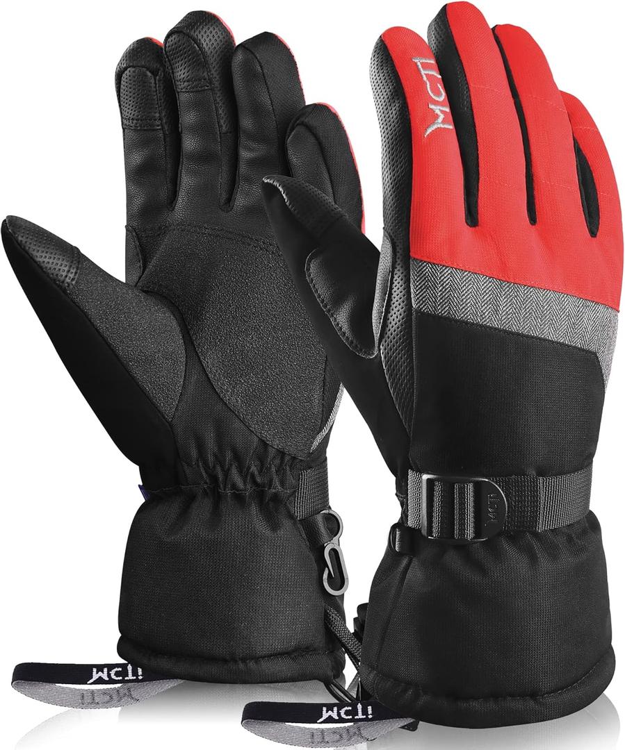 MCTi Ski Gloves,Winter Waterproof Snowboard Snow 3M Thinsulate Warm Touchscreen Cold Weather Women Gloves Wrist Leashes (Large, Red)