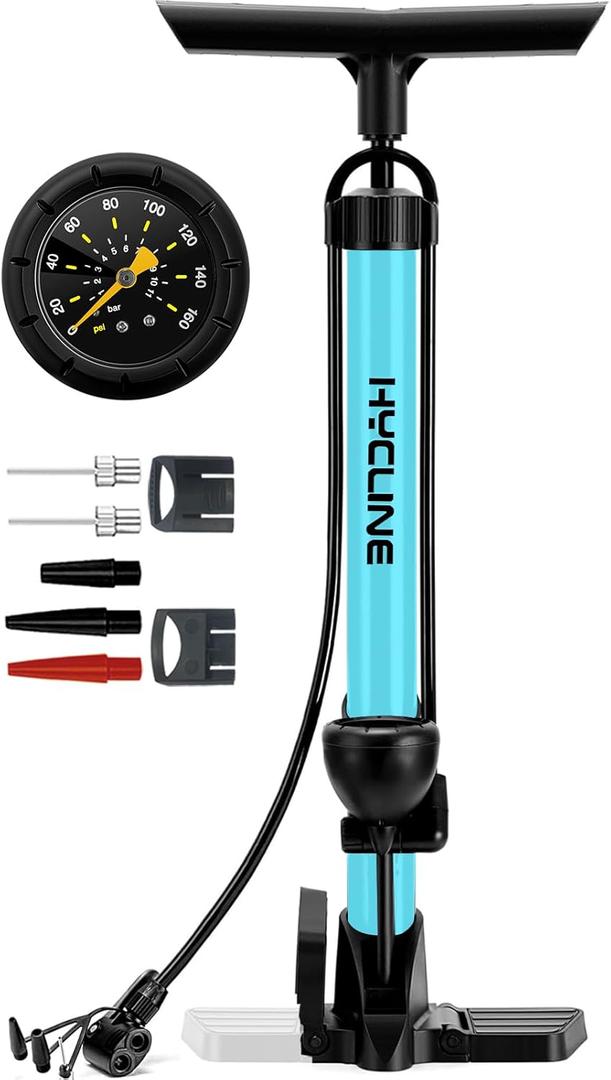 Hycline Bike Floor Pump with Gauge: 160 PSI High Pressure Bicycle Pumps - Durable Air Pump Fits Presta & Schrader Valve - Inflator for Road MTB Tire, Ball, Balloon, Inflatables (Portable Size, Blue)