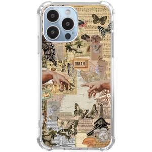 Retro Vintage Newspaper Collage Phone Case for iPhone 13 Pro Max, Aesthetic Beige Moths Eiffel Tower Case for Teens Women Men, Trendy TPU Bumper Cover for iPhone 13 Pro Max