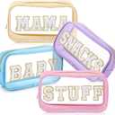 4 Pcs Mama and Baby Toiletry Bag Clear Chenille Letter Diaper Bag Pouch Snacks Makeup Stuff Travel Preppy Transparent Pouch with Zipper for Women Gift(Macarons Color)
