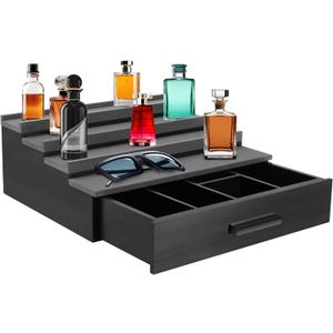 Cologne Organizer for Men4 Tier Wood Perfume Display Stand with Velvet Lining Drawer and Hidden Compartment Perfume Organizer for MenGreat Gift for Man (Black)