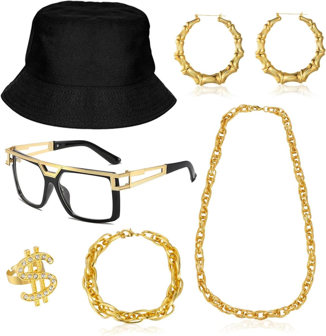 80s 90s Accessories Outfit for Woman Men Hip Hop Costume Kit Old School Rapper Jewelry (Black)