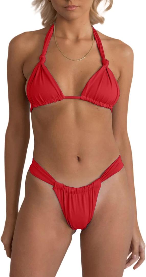 Women Two Piece Swimsuits Halter Triangle String Bikini Sets Sexy Ruched Brazilian Cheeky Thong Bathing Suit (Red), XL