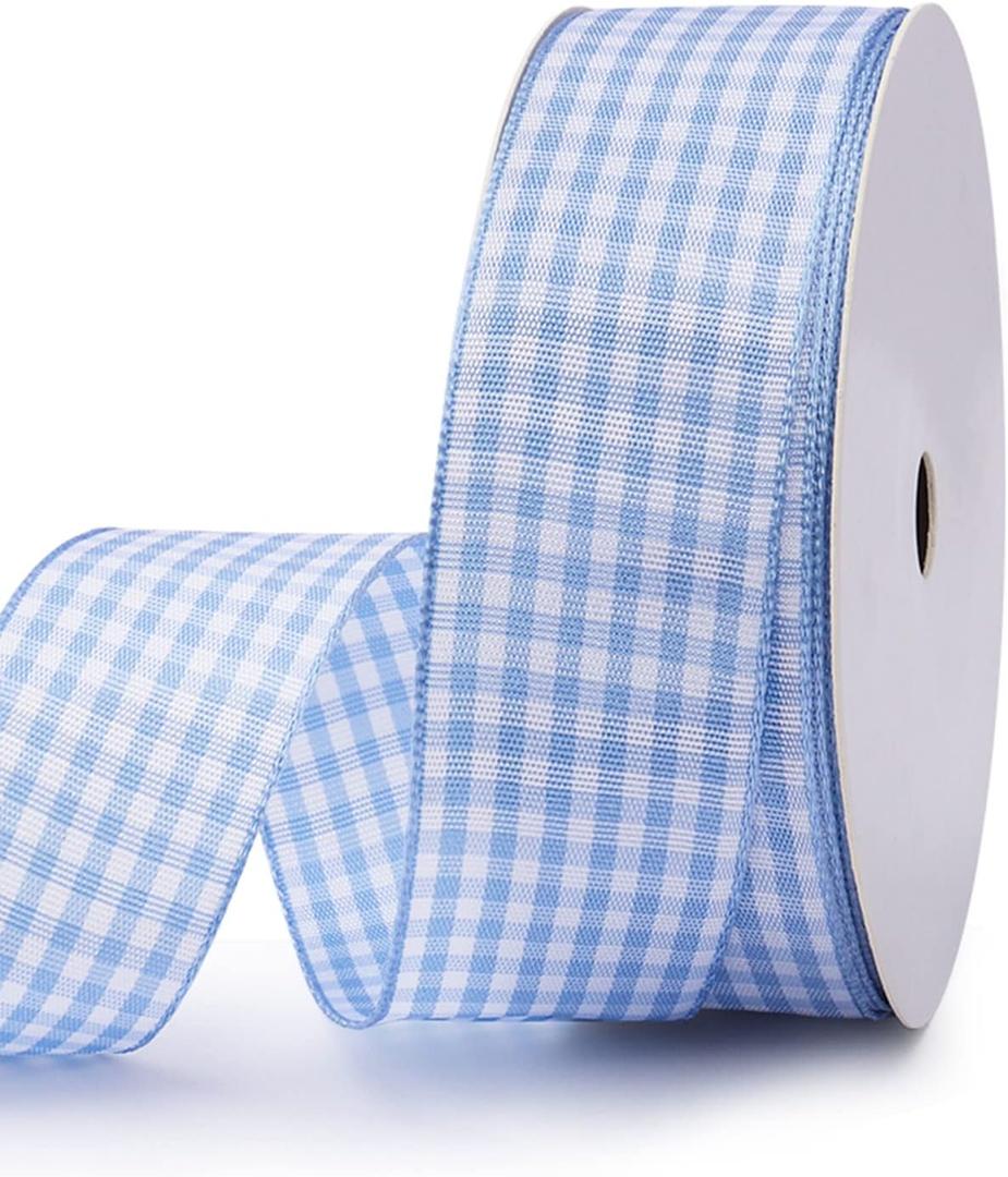 VIVIQUEN Gingham Ribbon Checkered Ribbon 1-Inch Wide Taffeta Plaid Ribbon 25 Yard Long 100% Polyester Woven Edge (Light Blue, 1 Inch)