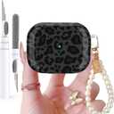 For Cute Glitter Airpods 4 Case 2024 with Cleaner Pen, Shell Pattern Apple Airpods iPod 4th Generation Case Cover Protective Skin Girl Women with Luxury Pearl Keychain, Black/Grey Leopard